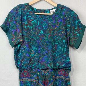 Vintage 90s VLP Petites Maxi‎ Dress Size 14P Paisley Teal Jewel Tone Maximalist